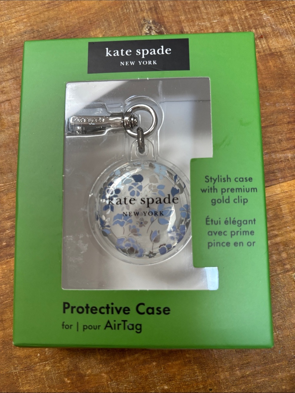 kate spade Floral Blue and White AirTag Protective Case with Silver Clip